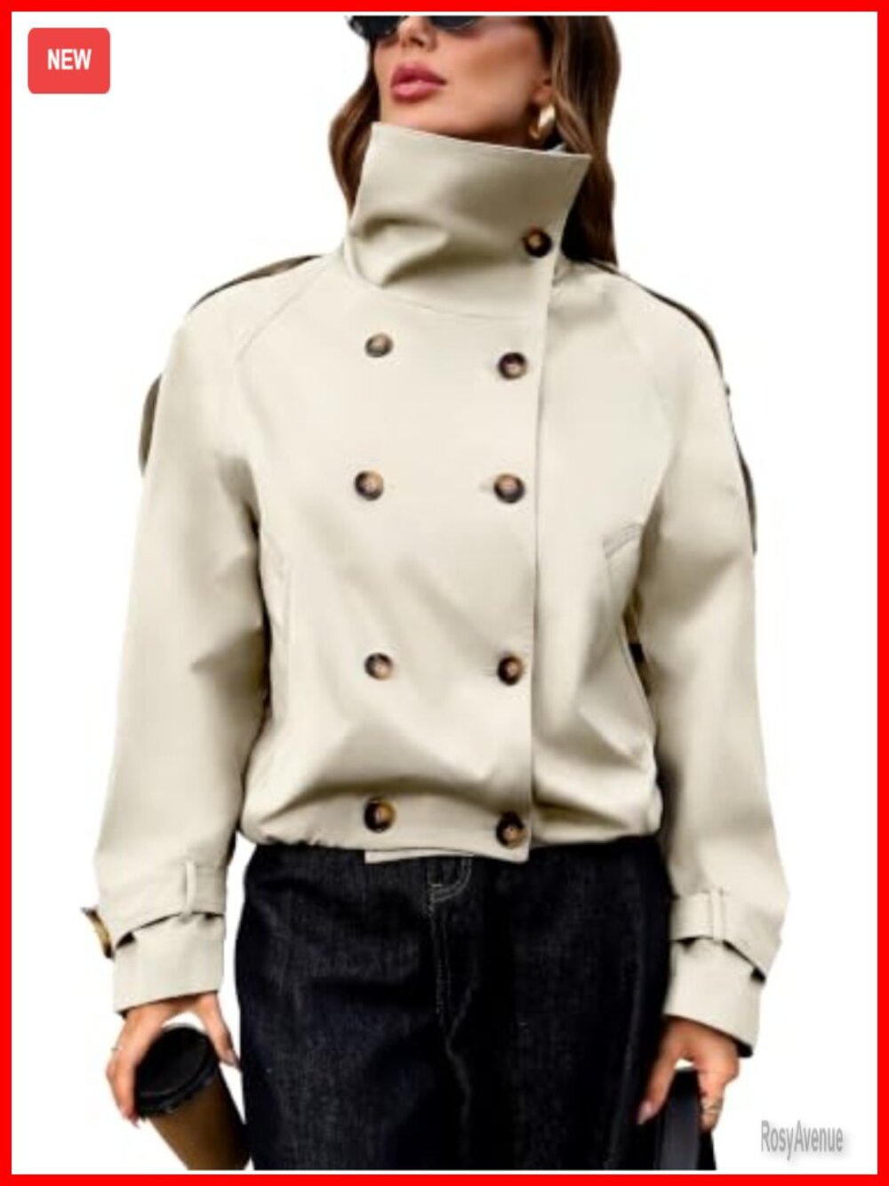Cropped Trench Coat Women Funnel Neck Button Pockets Elastic Hem